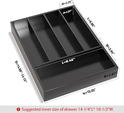 Silverware Drawer Organizer Cutlery Tray - Bamboo Black Small Kitchen Gadgets Holder&Flatware Storage 14"D * 10-1/4"W * 2"H