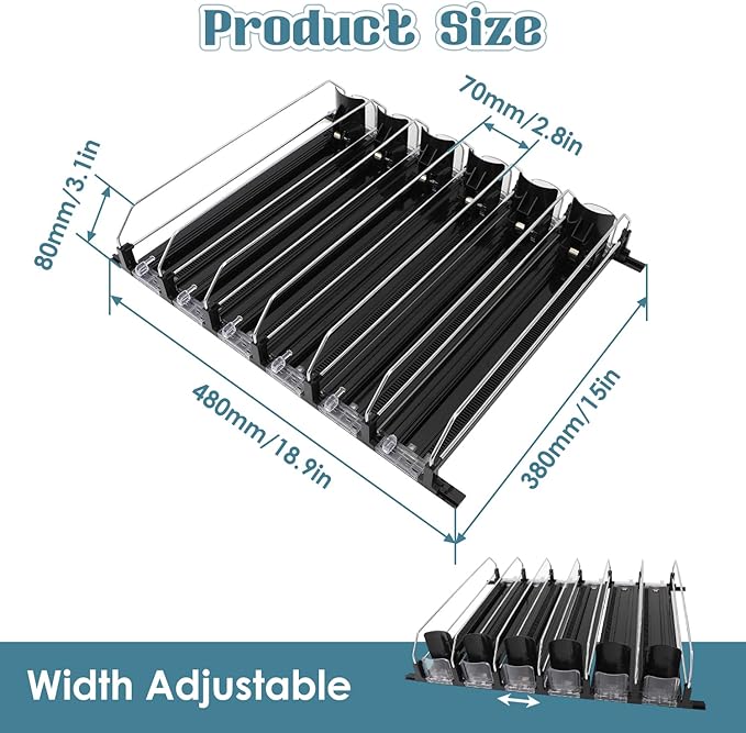Drink Organizer for Fridge, 18.9x15.0x3.1in Soda Can Dispenser for Refrigerator, 6 Rows Adjustable Automatic Pusher Glide Drink Dispenser for Beer Beverages (Black)