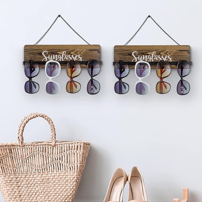 MyGift Rustic Burnt Wood Wall Mounted Sunglasses Storage Holder, Eyewear Hanging Display Organizer Rack with Cursive Sunglasses Lettering, Set of 2