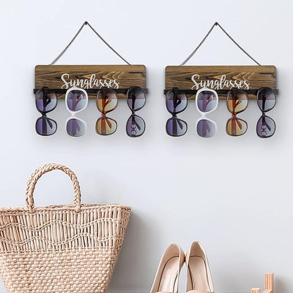 MyGift Rustic Burnt Wood Wall Mounted Sunglasses Storage Holder, Eyewear Hanging Display Organizer Rack with Cursive Sunglasses Lettering, Set of 2