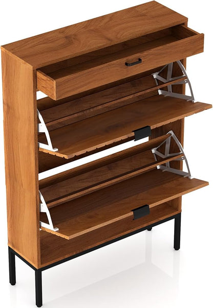 XIAO WEI Shoe Cabinet, Shoe Storage Organizer Cabinet with 2 Flip Half Moon Line Doors, Freestanding Shoe Rack with Adjustable Shelf for Entryway（Walnut）