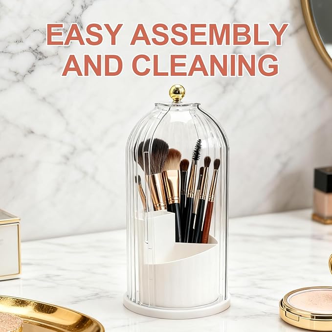 MDEOOSKY Makeup Brush Holder, 360-Degree Rotating Makeup Brush Organizer, Transparent Dust-Proof Makeup Brush Holder, Suitable for Bathroom Countertops and Vanity Tables