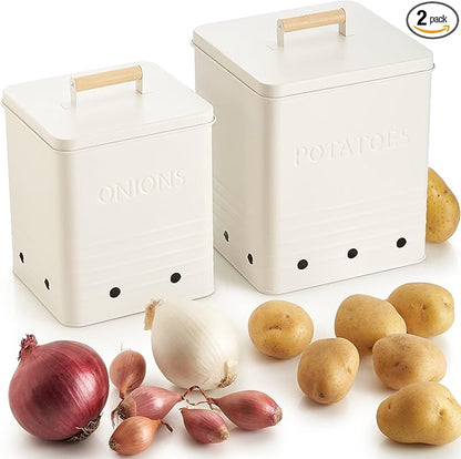 ZICOTO Beautiful Potato and Onion Storage Container Set, 10.1" & 8.9" - Perfectly Sized Spacious Canisters For Your Kitchen Counter Or Pantry - Food Safe Metal Bins Keep Produce Fresh Longer