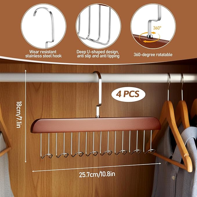 4 PCS Tank Top Hanger Space Saving, Bra Hangers for Closet Organizer, Tank Top Hangers with 32 Hooks Tie Rack Belt Hanger Belts Rack Ties Holder 360° Rotatable Neck Tie Organizer for Ties, Scarves