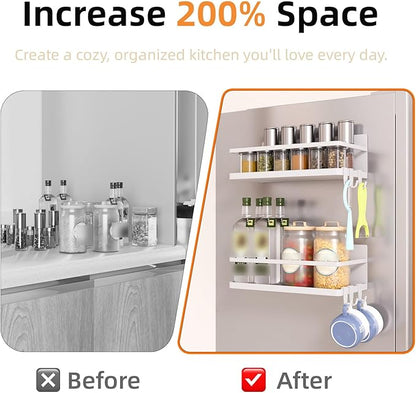 Magnetic Spice Rack for Refrigerator, 2 Pack Magnetic Shelf, Fridge Magnet Organizer with Moveable 6 Hooks, Magnetic Fridge Shelf for Kitchen Organization and Storage(White, 2 Pack)