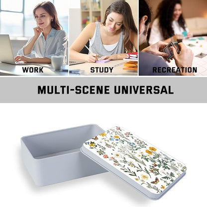 Metal Tin Box with Lid for Game Cards Home Organizer Candles Keys Crafts Storage - Equipped with 4 Magnetic Cord Clips，Flowers and Butterflies