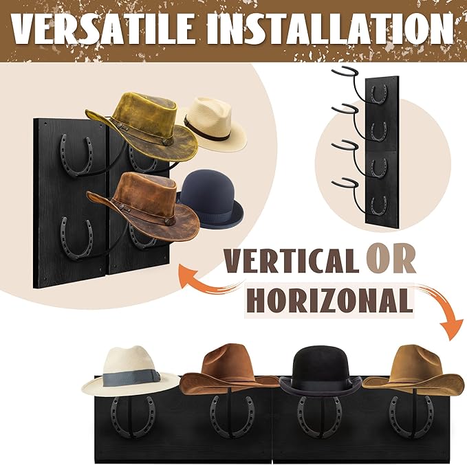 Montex Cowboy Hat Rack for Wall, Wooden Cowboy Hat Holder 4 Hats, Hanging Western Hat Rack, Hat Organizer with Horseshoe Mounts Western, Black