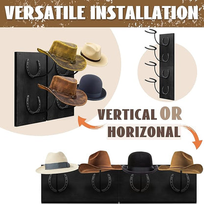 Montex Cowboy Hat Rack for Wall, Wooden Cowboy Hat Holder 4 Hats, Hanging Western Hat Rack, Hat Organizer with Horseshoe Mounts Western, Black