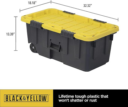 CX BLACK & YELLOW, 20-Gallon Heavy Duty Tough Storage Footlocker & Snap-Tight Lid, (13.4H x 18.2W x 32.3D), Weather-Resistant Design and Stackable Organization Tote [4 Pack]