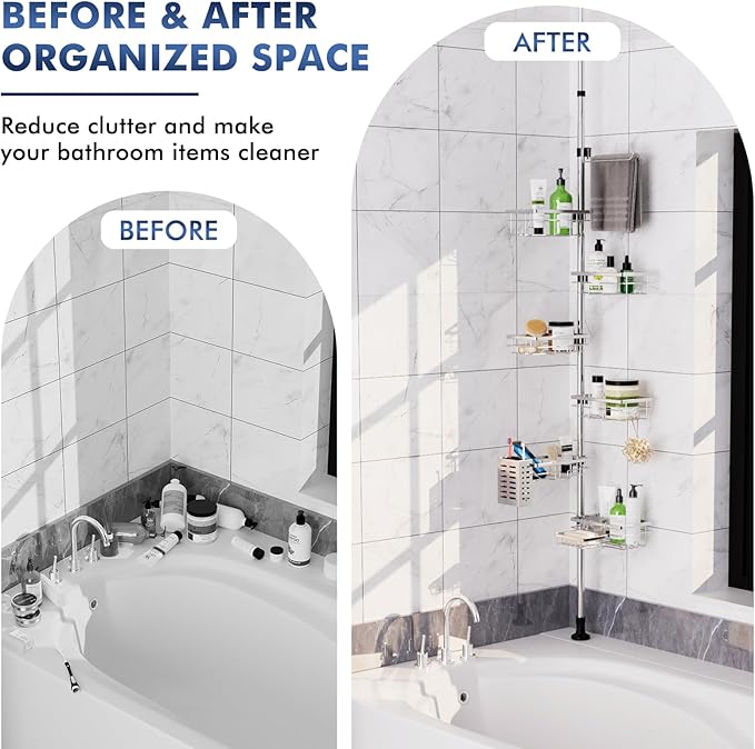 Vatex Shower Caddy Corner Tension Pole, Stainless Steel Rustproof 6 Shelves Bathroom Organizer with Towel Bar & Toothbrush Holder, Adjustable Shower Shelf for Renters - Family Stand Storage Rack