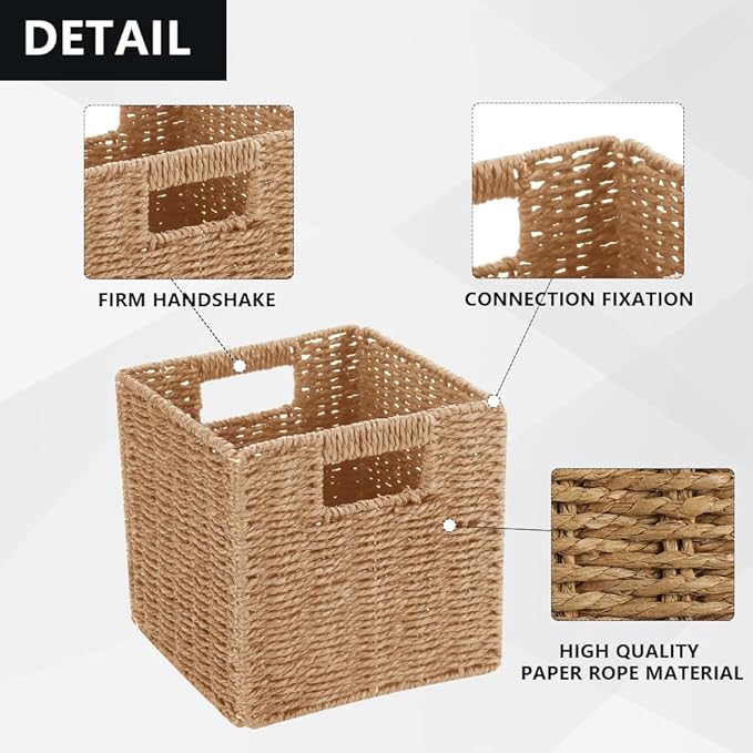 6 Pack 8.7 Inch Wicker Baskets, Hand Woven Paper Rope Storage Baskets, Foldable Cube Storage Bins Organizer Square Wicker Cubes for Shelves Pantry Organizing & Decor