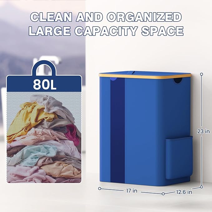 BlissTotes Laundry Basket with Lid, 80L Clothes Laundry Hamper with Handles and Removable Laundry Bag, Breathable Design Hamper with Lid for Bedroom, Bathroom, Dorm, Laundry Room - Blue