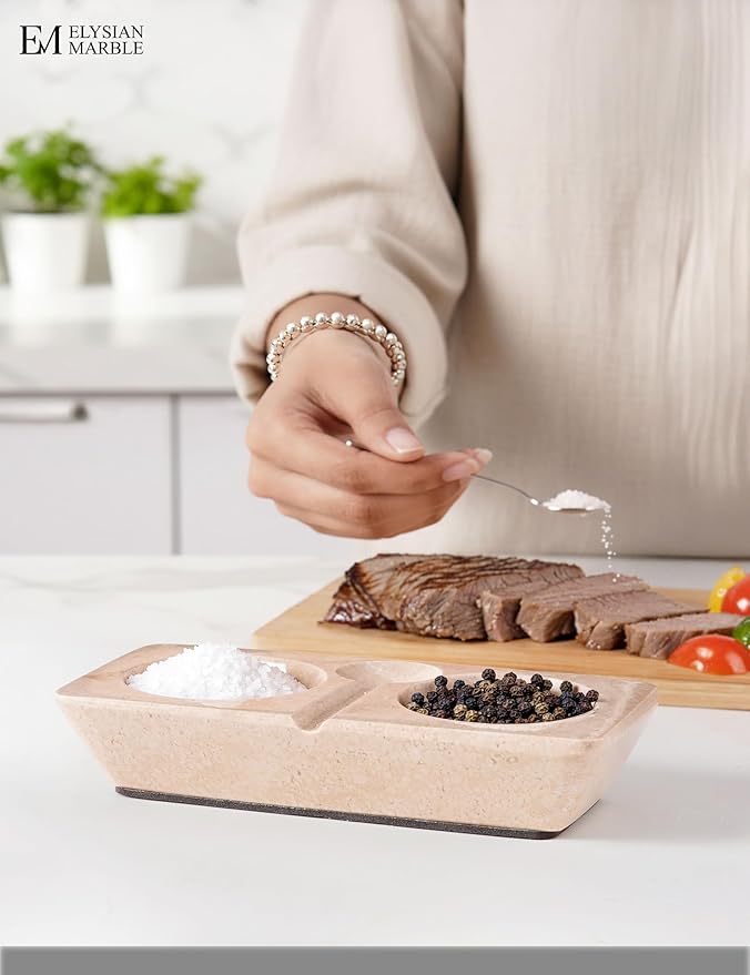 Marble Salt and Pepper Dish with Spoon, Handcrafted Double Spice Tray with 2 Compartments, Natural Stone Condiment Dish for Cooking Prep and Serving - Verona Beige