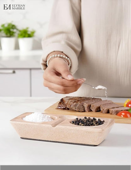 Marble Salt and Pepper Dish with Spoon, Handcrafted Double Spice Tray with 2 Compartments, Natural Stone Condiment Dish for Cooking Prep and Serving - Verona Beige