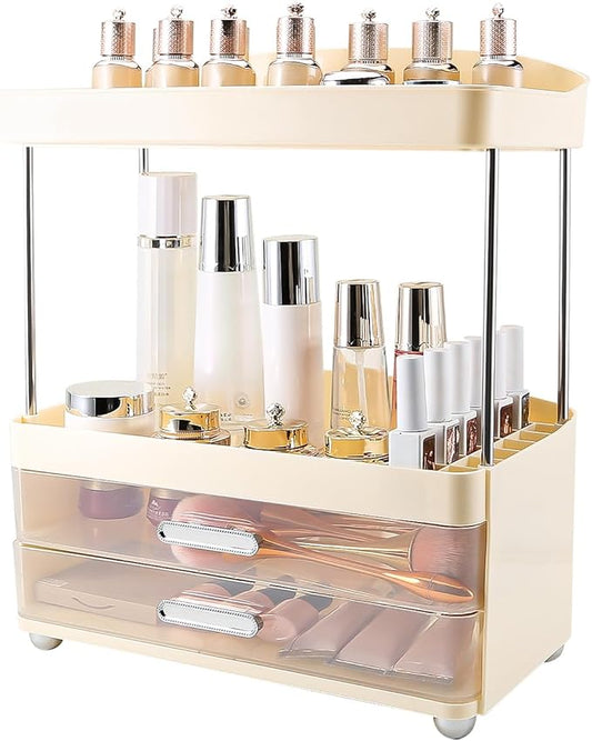 DASITON 4 Tiers Makeup Organizer, 2 Drawers Large Cosmetic Organizers for Vanity Bathroom Countertop, Bathroom Organizers and Storage for Skincare, Cosmetic, Perfume, Dresser Organizer (Cream+Clear)