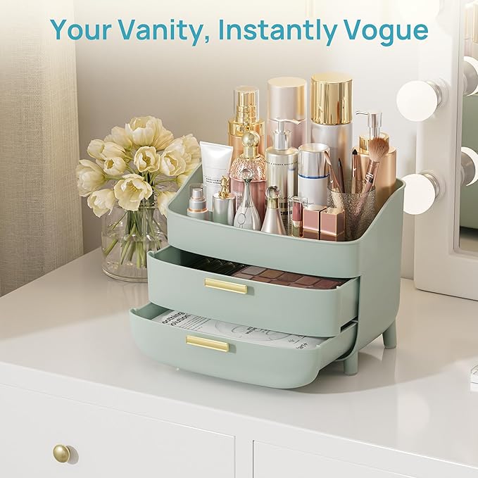 Vtopmart 3-Tier Skincare Makeup Organizer with Drawers for Vanity and Bathroom Countertop, Large Cosmetic Storage Box Case for Dresser, with Non-Slip Base, Green