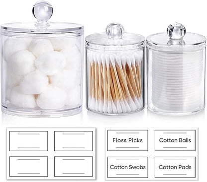 3 Pack Qtip Holder Dispenser for Cotton Ball, Cotton Swab, Cotton Round Pads, Floss - 20OZ & 10 oz Clear Plastic Apothecary Jar Set for Bathroom Canister Storage Organization, Vanity Makeup Organizer
