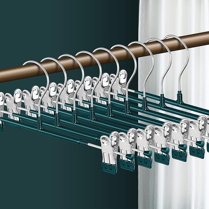 30PACK Pants Hangers with Clips Adjustable Skirt Hangers for Women Metal Non-Slip Trousers Hanger Heavy Duty Space Savin Clothes Hanger for Shorts,Jeans,12Inch,Green