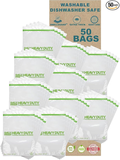 50 x HEAVY DUTY 5mils Thick Dishwasher-Safe STAND-UP Reusable Bags, US-MADE, Extra Durable Washable Reclosable Food Storage Extra Large Bags, XXL 12"x16" 2-Gallon 50-Pack