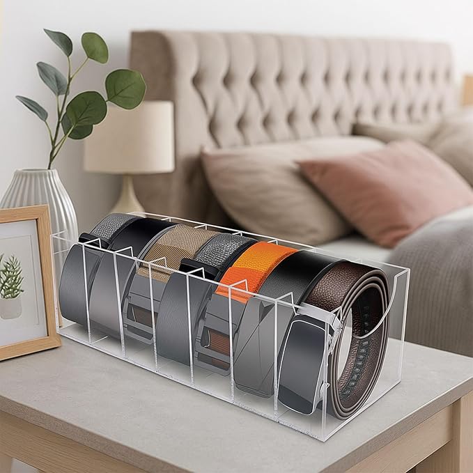 Belt Organizer, Acrylic Belt Storage Holder for The Closet 7 Compartments Display Case for Tie and Bow Tie