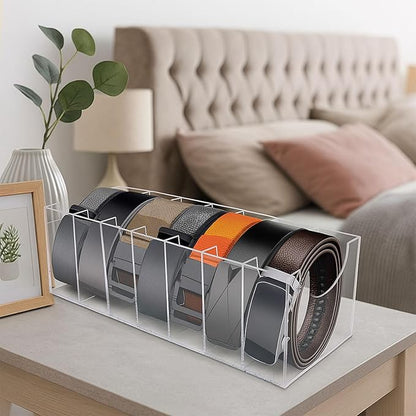 Belt Organizer, Acrylic Belt Storage Holder for The Closet 7 Compartments Display Case for Tie and Bow Tie
