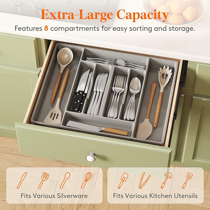 Lifewit Silverware Organizer, Plastic Kitchen Utensil Drawer Tray, Cutlery Flatware Storage Holder for Spoons Forks Knives, 20 x 16"/ 52 x 42cm, 8 Compartment, Gray