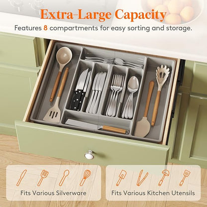 Lifewit Silverware Organizer, Plastic Kitchen Utensil Drawer Tray, Cutlery Flatware Storage Holder for Spoons Forks Knives, 20 x 16"/ 52 x 42cm, 8 Compartment, Gray