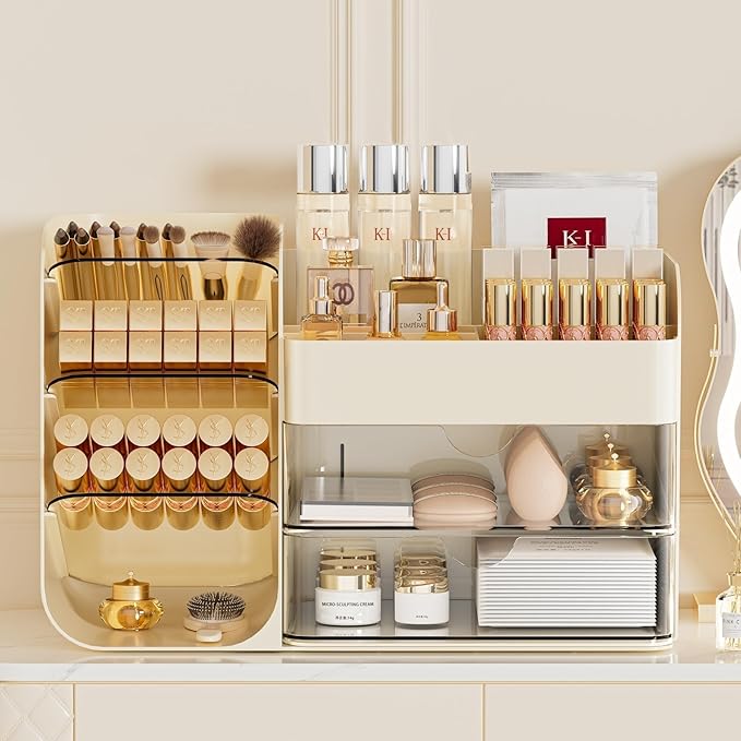 Makeup Organizer with Drawers, Large Capacity Countertop Organizer for Vanity, Bathroom and Bedroom Desk Cosmetics Organizer, Easy To Storage Skincare,Brushes, Eyeshadow,Lipstick (Cream)