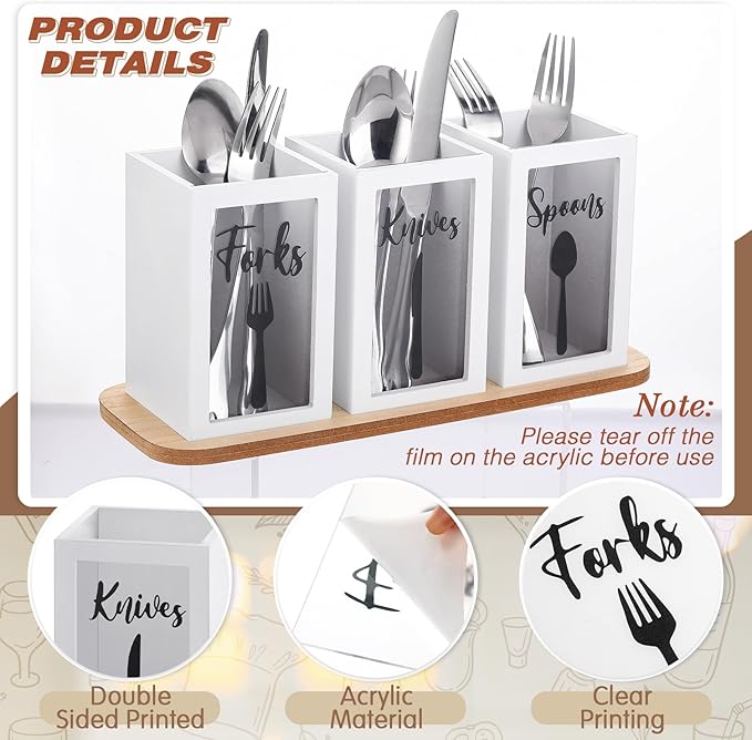 Gejoy Acrylic Silverware Cutlery Holder Flatware Caddy Utensil Holder with Wood Tray Spoon Fork Knives Flatware Dispenser for Kitchen Table Countertop Silverware Storage Organizer(White)