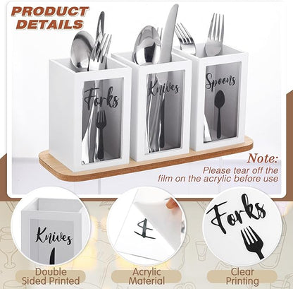 Gejoy Acrylic Silverware Cutlery Holder Flatware Caddy Utensil Holder with Wood Tray Spoon Fork Knives Flatware Dispenser for Kitchen Table Countertop Silverware Storage Organizer(White)