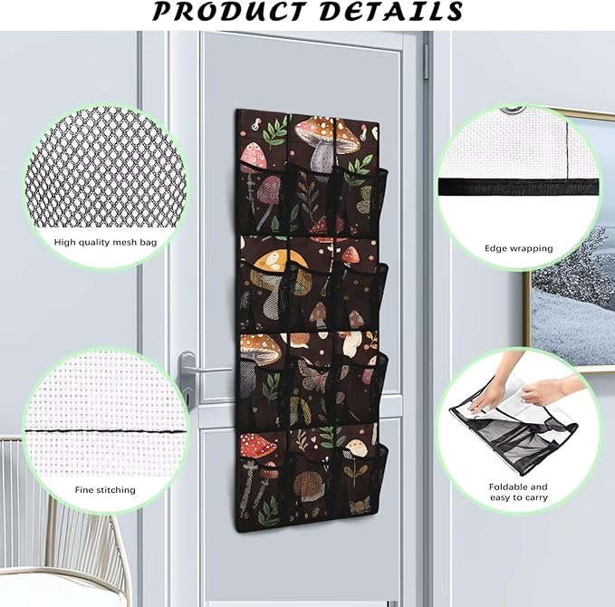 12-Pocket Over the Door Organizer,Space-Saving Hanging Rack for Shoes, Toys, Spices - Non-Woven Fabric with PVC Windows,Mushrooms