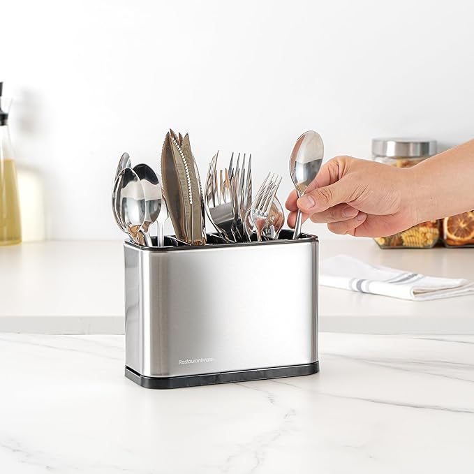 Restaurantware Stainless Steel Utensil Holder 1 Count 7 x 3.3 x 5.1 Inches Durable Cutlery Storage Flatware Organizer Rust-Resistant Sink Caddy Silver Kitchenware Holder