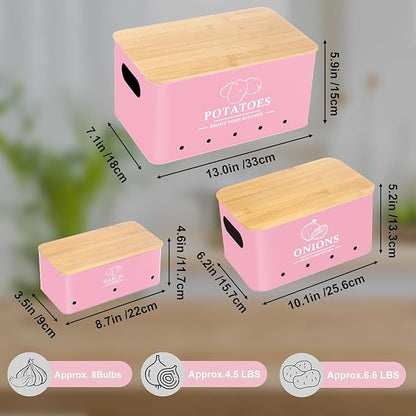 Kitchen Vegetable Storage Set of 3, Metal Onion Garlic Potato Storage Set, Kitchen Canisters Vegetable Keeper Containers with Aerating Holes and Wooden Lid (Pink)