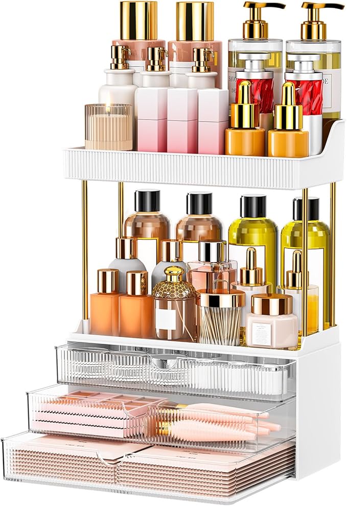 caktraie 12.2" W Makeup Organizer Drawers - 5 Tiers Bathroom Counter Organizer, Cosmetic Storage Drawer for Dresser Countertop and Bathroom Vanity for Large Skincare, Perfume, Clear