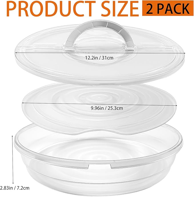 2 Pack 12 Inch Food Storage Container with Lid and Handle, Round Plastic Pizza Slice Storage Container, Reusable Pie Carrier Keeper for Food Cake Cheesecake, Clear