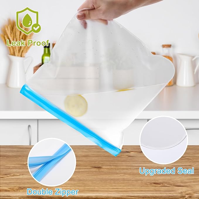 Lerine Reusable 2 Gallon Freezer Bags Dishwasher Safe, Reusable Freezer Bags 2 Gallon 13"x15.6", Leakproof BPA Free Food Storage Bags for Marinate Meats, Vegetables (Multicolor, 2Gallon)