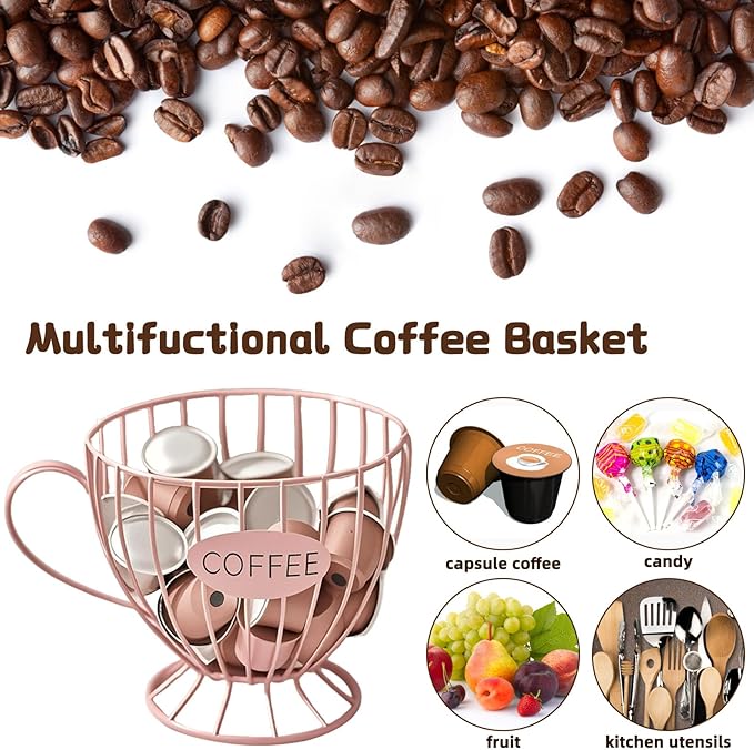 Coffee Pod Holder, Large Capacity K Cup Holder Coffee Capsule Storage Basket Tea Organizer for Countertop Kitchen Bar (Pink)