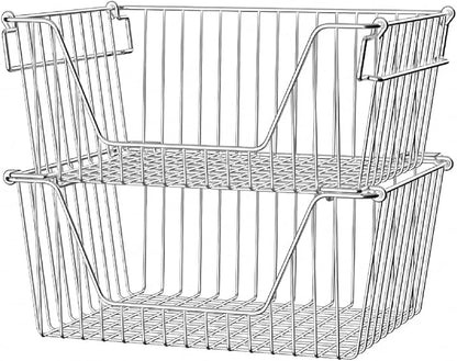 Slideep 14'' Large Stackable Storage Baskets Cabinet Organizer Sturdy Metal Wire Pantry Freezer Bin for Pantry Home Bathroom Kitchen Organization 2 Packs