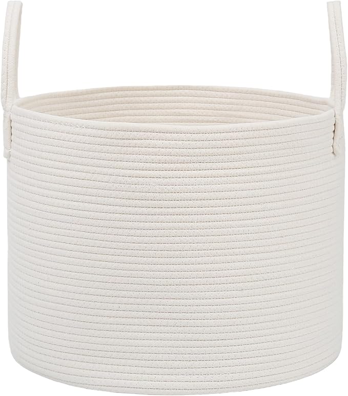 JMvicyroam 115L Extra Large Blanket Basket for Living Room - Woven Cotton Rope Laundry Hamper with Reinforced Handles - Storage Bin for Pillows, Comforters & Toys - Machine Washable,White