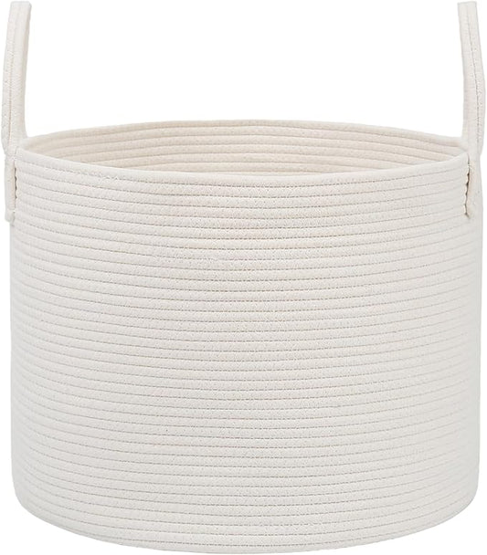 JMvicyroam 115L Extra Large Blanket Basket for Living Room - Woven Cotton Rope Laundry Hamper with Reinforced Handles - Storage Bin for Pillows, Comforters & Toys - Machine Washable,White
