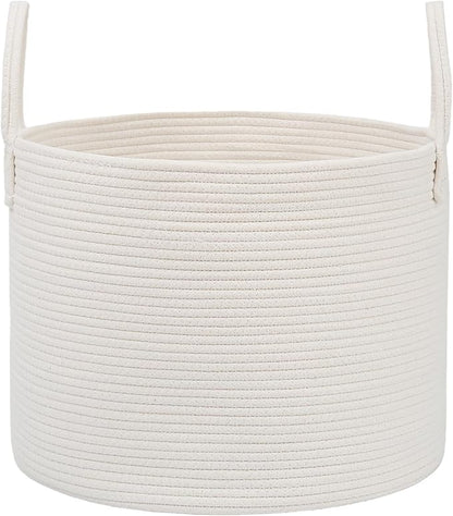 JMvicyroam 65L Extra Large Blanket Basket for Living Room - Woven Cotton Rope Laundry Hamper with Reinforced Handles - Storage Bin for Pillows, Comforters & Toys - Machine Washable,White