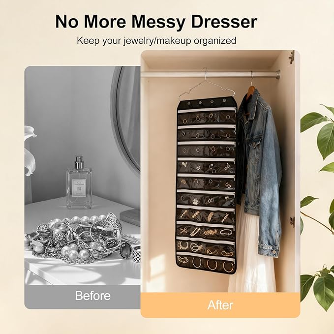 Hanging Jewelry Organizer Storage Roll 80 Zippered Pockets with Detachable Hanger Double-Sided Foldable, Travel Jewelry Holder for Earrings, Rings, Bracelets, Hanging on Closet, Wall, Door, Black
