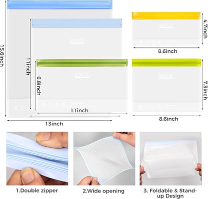 SPLF 8 Pack Stand-Up Reusable Half Gallon Freezer Bags Dishwasher Safe, Extra Thick Leakproof 1/2 Gallon Food Storage Bags, BPA Free Silicone for Meal Prep, Marinate, Veggies, Fridge Organization