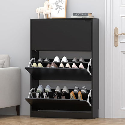 HUANLEGO Shoe Storage Cabinet for Entryway, Black Shoe Cabinet with 3 Flip Drawers Hidden Shoe Storage Modern Shoe Rack Storage Organizer for Entryway,Closet, Living Room,Hallway…