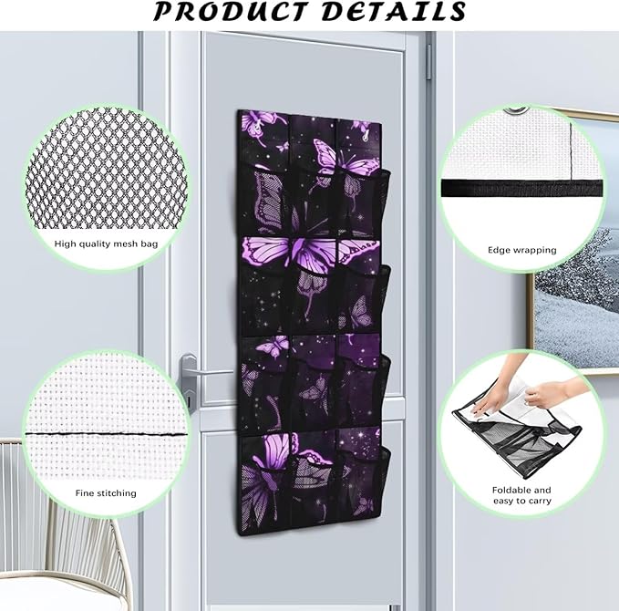 Butterfly Over the Door Organizer Bathroom Hanging Storage Organizer with 12 Mesh Pockets Shoe Rack for Closet Door Easy to Install Hanging Storage Bag for Toys Snacks Shoes
