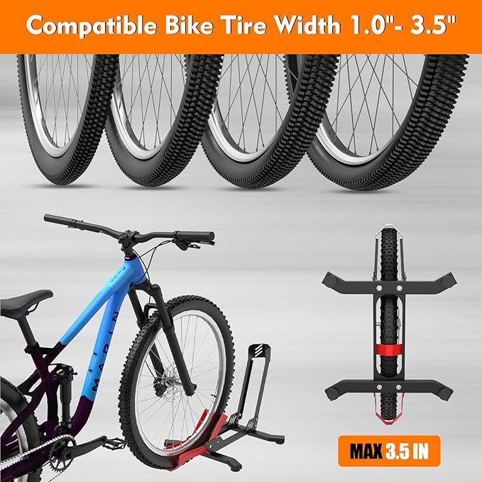 ALIXUEQIN Bike Stand Floor, Portable Bike Storage for Garage - Fit for 24"-29" Bikes, Tire Width up to 3.5", Road & Mountain Bicycle Stand, Front and Rear Wheel Parking Rack - Red