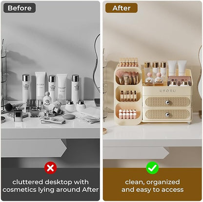 Makeup Organizer for Vanity with Brush Holder, Large Capacity Bathroom Countertop Skincare Organizer with 2 Drawers, Cosmetic Display Case for Perfumes, Eyeshadow Palettes, Nail Polishes