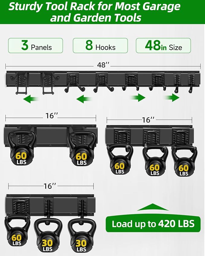 PIYILO Garden Tool Organizer 48 in with 18 Garage Hooks, Heavy Duty Garage Wall Hooks for Hanging Ladder, Bike, Tool Storage Rack for Yard Tools, Shovel, Shed (23 Pack)