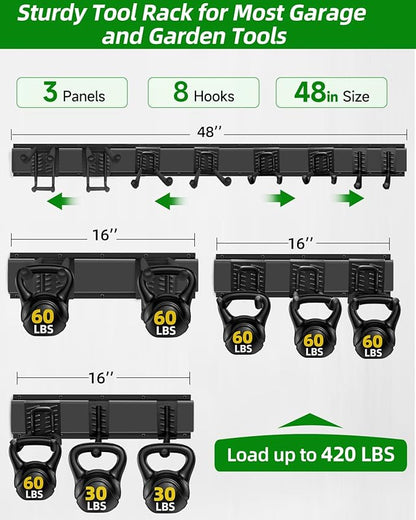 PIYILO Garden Tool Organizer 48 in with 18 Garage Hooks, Heavy Duty Garage Wall Hooks for Hanging Ladder, Bike, Tool Storage Rack for Yard Tools, Shovel, Shed (23 Pack)