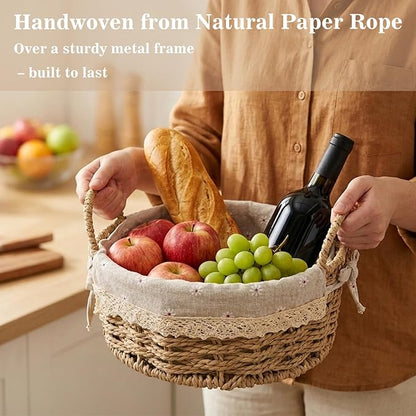 Small Wicker Storage Baskets for Organizing, Set of 2 Round Woven Basket with Handles & Removable Daisy Liner, Boho Paper Rope Cute Baskets for Gift, Decor, Pantry, Shelf, Table, Kitchen